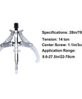 28 Inch Heavy Duty Three Jaw Bearing Puller Built Like A Tank Carbon Steel Gear Extractor showing specifications and design details.