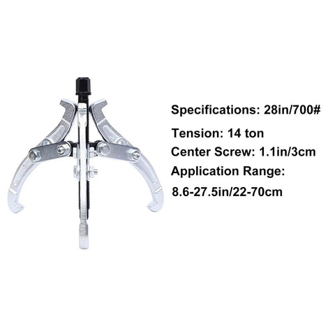 28 Inch Heavy Duty Three Jaw Bearing Puller Built Like A Tank Carbon Steel Gear Extractor showing specifications and design details.
