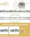 4Ft Led Vapor Tight Emergency Light With Battery Backup Tri Level Microwave Motion Sensor Dimmable Shop Light IP65 Waterproof Industrial Stairwell Fixture Built Different image showing dimensions and installation options.