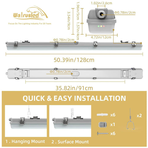 4Ft Led Vapor Tight Emergency Light With Battery Backup Tri Level Microwave Motion Sensor Dimmable Shop Light IP65 Waterproof Industrial Stairwell Fixture Built Different image showing dimensions and installation options.