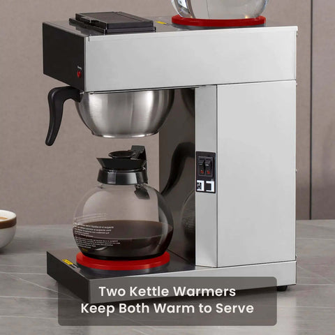 12 Cup Commercial Drip Pour Over Coffee Maker With Two Glass Carafes And Warmers Stainless Steel Brew Station Side View
