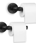 Industrial Pipe Toilet Paper Holder Wall Mount Heavy Duty Black Iron Roll Towel Rack For Bathroom Kitchen Bedroom Hallway DIY Decor With Dope Vintage Rustic Vibe, featuring two holders with white rolls against a plain background.