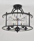 Sleek Black Crystal Chandelier With Five Lights For A Lit Look Semi Flush Mount Ceiling Fixture With K9 Crystals in black metal frame.