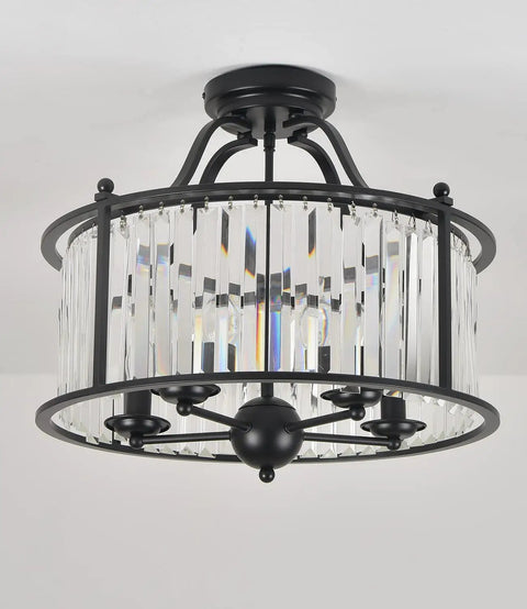 Sleek Black Crystal Chandelier With Five Lights For A Lit Look Semi Flush Mount Ceiling Fixture With K9 Crystals in black metal frame.