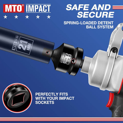 Close-up of One Inch Female To One Half Inch Male Impact Socket Adapter Reducer connecting to a wrench, showing detent ball system.