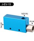 Heavy Duty Aluminum Vacuum Generator For Factory Robotics And Automation Featuring A Beefed Up Pneumatic Ejector Pump With Killer Suction And Fast Acting Venturi Design For Straight Up Pick Place Performance, blue valve with threaded connections.