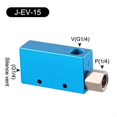 Heavy Duty Aluminum Vacuum Generator For Factory Robotics And Automation Featuring A Beefed Up Pneumatic Ejector Pump With Killer Suction And Fast Acting Venturi Design For Straight Up Pick Place Performance, blue valve with threaded connections.