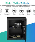 Deluxe Digital Keypad Safe Box For Home Office Hotel And Travel Beefy Steel Alloy Small Safe with open door showing valuables inside.