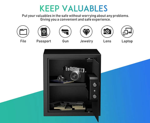Deluxe Digital Keypad Safe Box For Home Office Hotel And Travel Beefy Steel Alloy Small Safe with open door showing valuables inside.