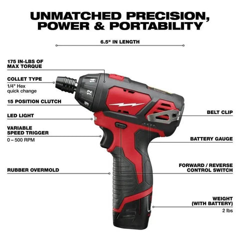Hella Compact And Ridiculously Slick 12V Cordless Driver Drill Kit With Variable Speed Trigger features variable speed trigger and 175 inch pounds torque.