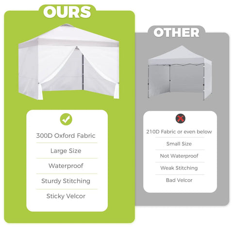 Comparison of 10x10 canopy sidewalls, highlighting 300D waterproof fabric with PA lining for Three White 10x10 Foot Sidewalls.