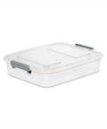 Four Pack Clear Plastic Storage Bins With Write On Latching Lids Modular Stackable Organizer Boxes For Closet Bedroom Garage Office showing a clear bin with a gray lid.
