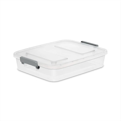 Four Pack Clear Plastic Storage Bins With Write On Latching Lids Modular Stackable Organizer Boxes For Closet Bedroom Garage Office showing a clear bin with a gray lid.