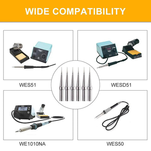 Six-Piece Replacement Tips For ET Soldering Iron, 0.02 Inch Conical Tips Pack with WES51 WESD51 WE1010NA WES50 compatibility