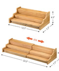Expandable 3 Tier Bamboo Spice Rack And Kitchen Cabinet Organizer fits standard jars horizontally, showcasing size dimensions.