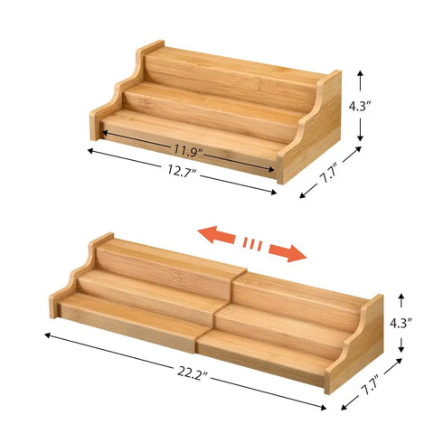 Expandable 3 Tier Bamboo Spice Rack And Kitchen Cabinet Organizer fits standard jars horizontally, showcasing size dimensions.