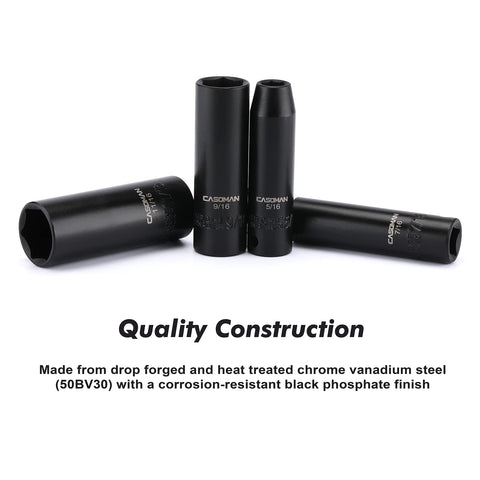 Beefy 12 Piece 3/8 Inch Drive Impact Socket Set With 6-Point SAE Deep Sockets CR-V Steel, Black Phosphate Finish on Display