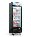 Built Tough 16 Cu Ft Commercial Upright Display Freezer Merchandiser With Glass Doors, showcasing ice cream and meat.