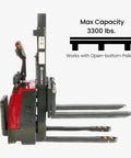 Heavy Duty Full Electric Pallet Stacker With 3300 Lb Capacity And 78 Inch Lift Height, side view showing max capacity and open-bottom pallet compatibility