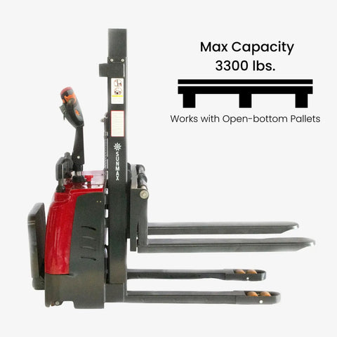 Heavy Duty Full Electric Pallet Stacker With 3300 Lb Capacity And 78 Inch Lift Height, side view showing max capacity and open-bottom pallet compatibility