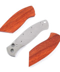 DDR3BL DIY Folding Knife Kit With Button Lock 440C Stainless Steel Blade 600 Grit Satin Finish Pre Machined Padauk Handle Scales Gift Boxed Parts Kit USA Design For Building Your Own EDC Knife showing pre-machined Padauk handle scales and knife frame.