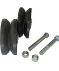 Front view: pair of 4-inch cast iron machined V-groove wheels with precision bearings, bolts and nuts