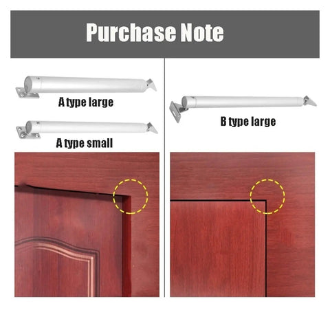 Image showing Automatic Door Closer 60Kg Heavy Duty with A type and B type models for different door placements.
