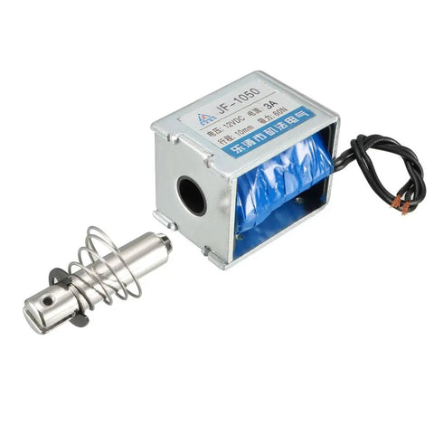 DC 12V 60N 10mm Stroke Pull Type Open Frame Solenoid Electromagnet For Precise Linear Motion With Plunger Spring Return Low Heat Rise JF 1050 Industrial Grade Build For Durable Automation Projects With High Repeatability And Long Life. Open frame metal solenoid with plunger and spring