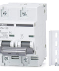 120V/240V AC Miniature Circuit Breaker, 100 Amp, 2-Pole, Curve C Magnetic Trip for Overload and Short Circuit Protection, Durable Silver Contacts, Flame Retardant Housing, Color Indicator, Great for Home Panels. Front view with mounting bracket