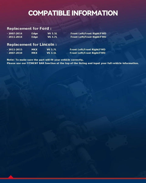 Compatible information for Built Tough Front CV Axle Shaft Replacement Kit Compatible With Ford Edge And Lincoln MKX FWD Cars.