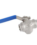 Kickass Heavy Duty One Half Inch 304 Stainless Steel Three Way Ball Valve T Port with blue handle for plumbing use.