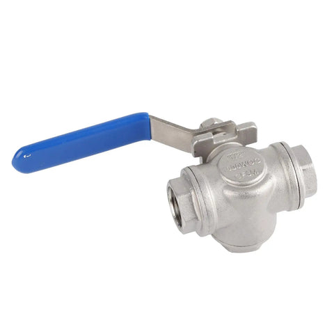 304 Stainless Steel Three Way Ball Valve One Half Inch Female Thread Badass Heavy Duty Industrial Fitting with blue handle.