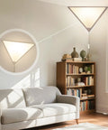 Two Pack Red Triangle Corner Light With Switch For Living Room Ceiling Plug In Lighting For Dark Corners Bedroom Kids Room Space Saving Modern Design Options shown in a living room above a sofa and bookshelf, illustrating practical lighting.