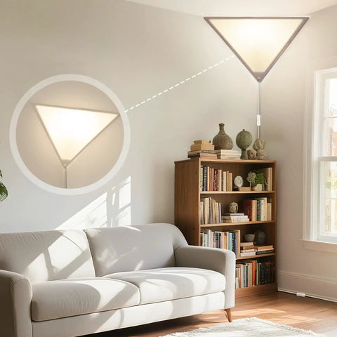 Two Pack Red Triangle Corner Light With Switch For Living Room Ceiling Plug In Lighting For Dark Corners Bedroom Kids Room Space Saving Modern Design Options shown in a living room above a sofa and bookshelf, illustrating practical lighting.