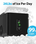 Front view of Aeitto black countertop ice maker with transparent lid releasing bullet ice into the bin