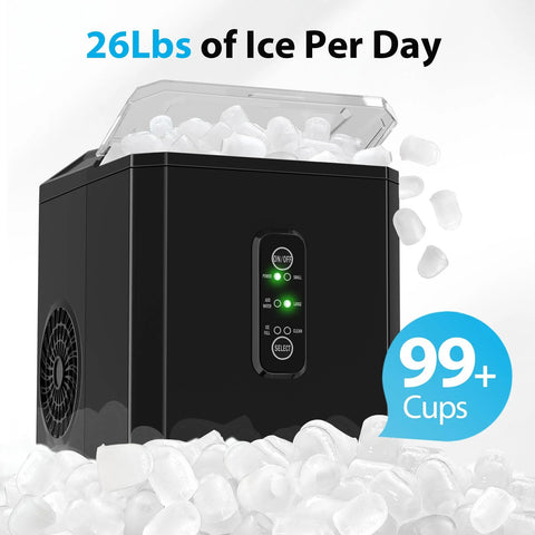 Front view of Aeitto black countertop ice maker with transparent lid releasing bullet ice into the bin