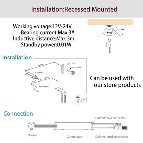 Diagram showing installation and connection of Motion Sensor Light Switch With IR Sensor For Closet Lighting, core specs displayed.