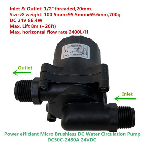 Image of 24V Micro Brushless DC Water Circulation Pump with threaded inlet and outlet, ideal for hydroponics and irrigation.