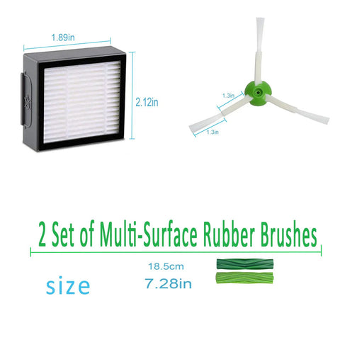 Replacement Parts Kit For Vacuum Cleaners With Efficient Filters Edge Cleaning Brushes And Multi Rubber Brushes Includes Screws Screwdriver And Cleaning Brush For I3 I3 Plus I4 I4 Plus I6 I6 Plus I7 I7 Plus I8 I8 Plus E5 E6 E7 And J Series, features filter, edge brush, multi-surface brush with measurements