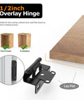Diagram of 1/2 inch overlay hinge for face frame cabinets, showing wrap-around style, matte black finish, and installation example.