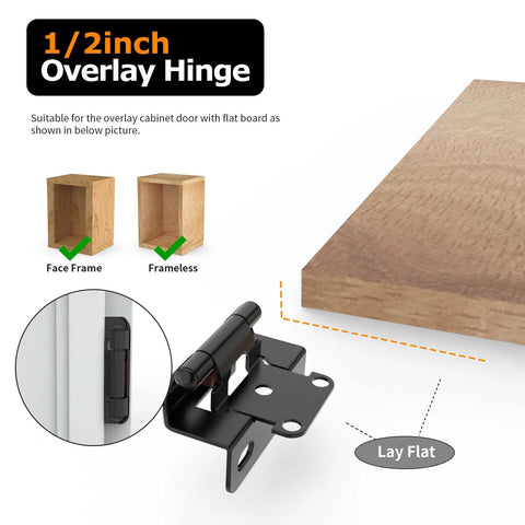 Diagram of 1/2 inch overlay hinge for face frame cabinets, showing wrap-around style, matte black finish, and installation example.