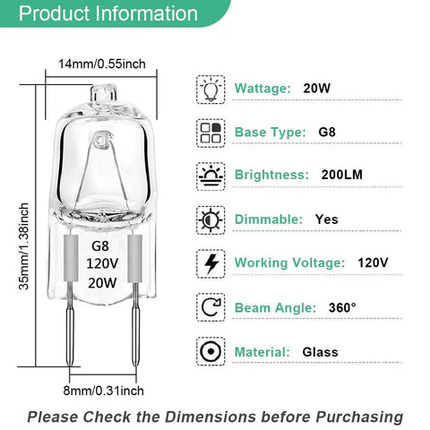 Diagram of G8 Halogen Bulbs 20W Dimmable 120V G8 Base 2Pin Xenon Bulbs with dimensions and features listed