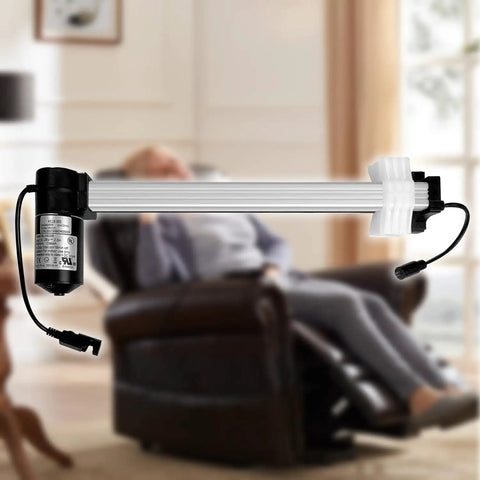 Heavy Duty Power Recliner Motor Replacement With Cord ML18 005 Linear Actuator in front of a reclining chair scene