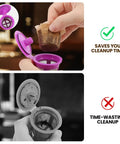 Disposable K Cup Filter Paper For Keurig Brewers 1.0 And 2.0, hand placing filter in reusable pod, comparison of clean vs messy cleanup
