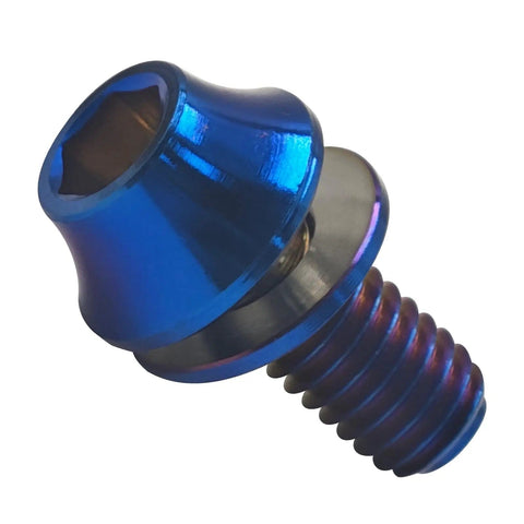 Close-up of Beefy Titanium M5x12mm Hex Bolt with Washer, Blue, for MTB Bike Water Bottle Cage, Grade 5 6Al4V Titanium Alloy