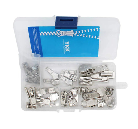 Zip Repair Kit With Metal Aluminum Sliders And Top And Bottom Stops, Assorted Sizes 3, 4.5, 5, And 10, Easy Storage Container
