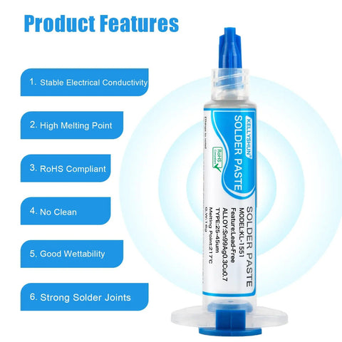 Sn99 Ag0.3 Cu0.7 Lead Free Solder Paste In A 5 Ml Syringe No Clean High Temperature Melt At 217 C With Smooth Flux, product features