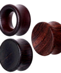Three Pairs Organic Wood Ear Plugs Set With Double Flared Ear Tunnels Saddle Fit Wooden Gauges Five Eighths Inch 16mm Natural Black Brown Tones