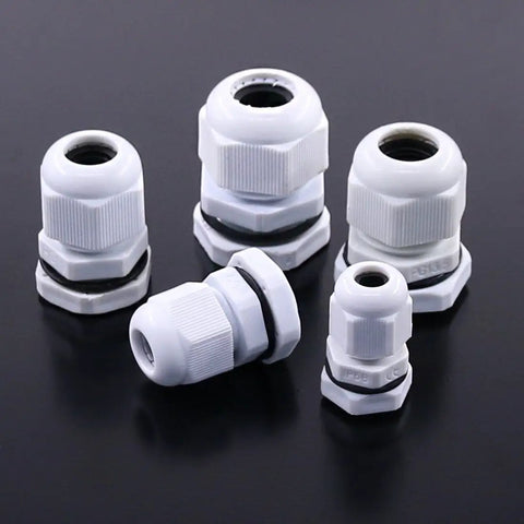 30pc Nylon Waterproof Cable Gland Kit With Adjustable Fit For PG7 PG9 PG11 PG13.5 PG16, Beefy Gray Seals For Outdoor Use, various sizes displayed.