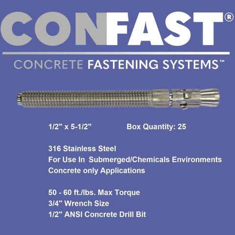 Half Inch By Five And A Half Inch 316 Stainless Steel Wedge Anchor Five Per Box Rust Resistant For Harsh And Caustic Environments Includes Nuts And Washers Fast And Easy Installation on a blue background
